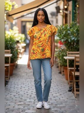 NWNT Terra & Sky Yellow Floral Ruffle-Sleeve Blouse 💯 Cotton